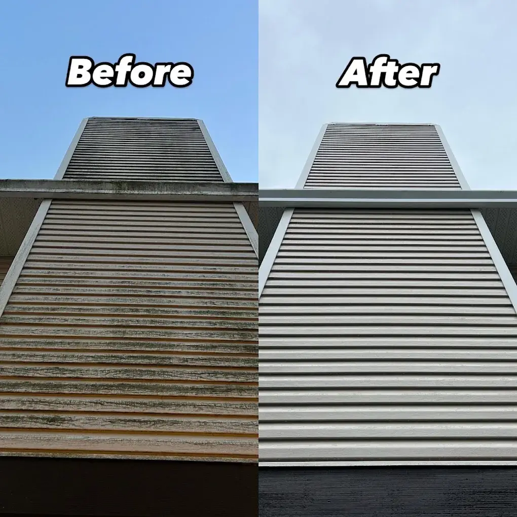 Before and after: the fascia, soffit and siding of a gable end cleaned up
