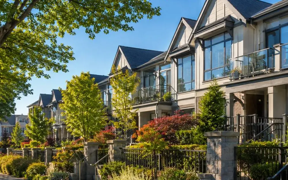 A tree-lined street of townhomes with steep gables and front gardens
