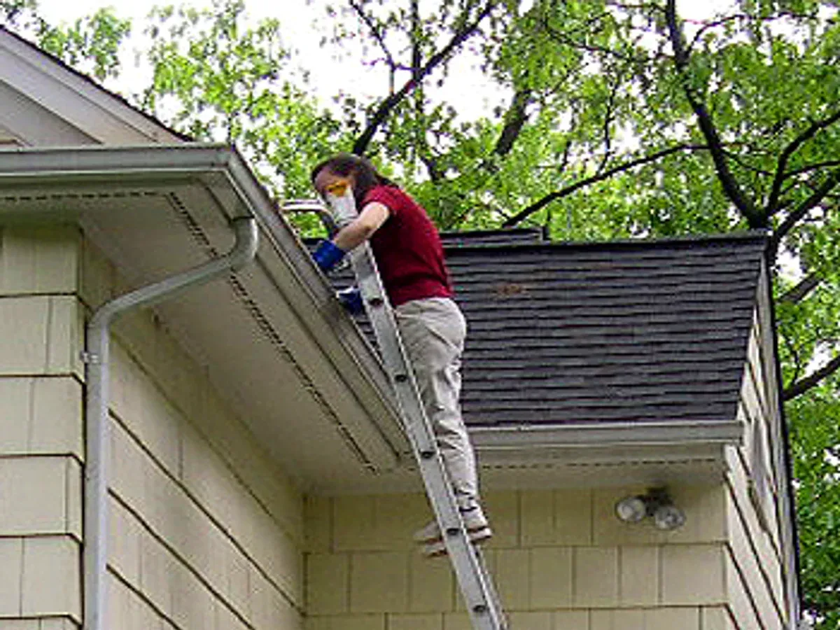 Working at the gutter line of a two-storey home from an extension ladder