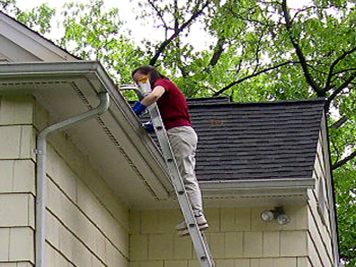 Working at the gutter line of a two-storey home from an extension ladder